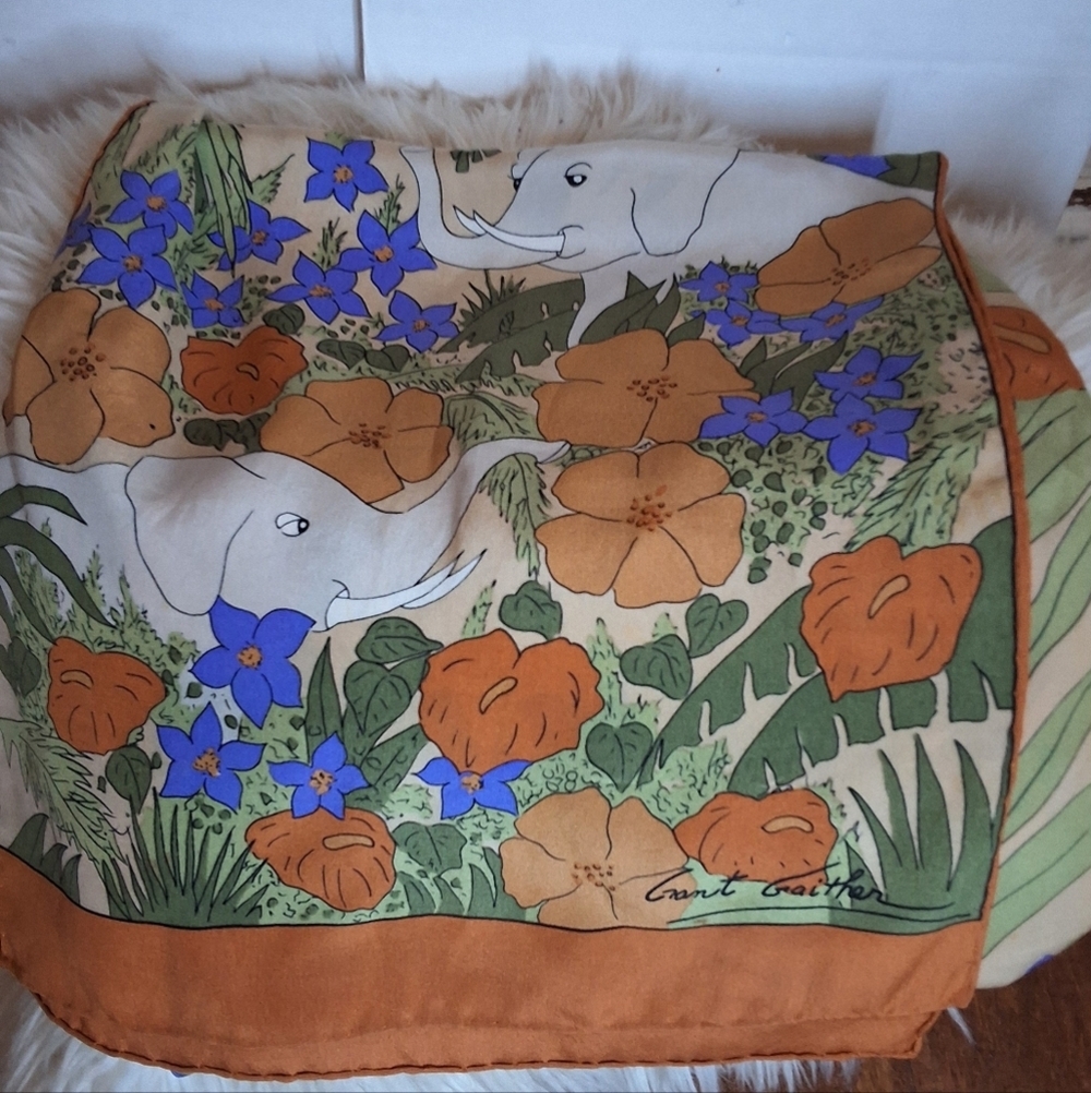 Grant Gaither Vintage Elephant Safari Hand Rolled Silk Scarf